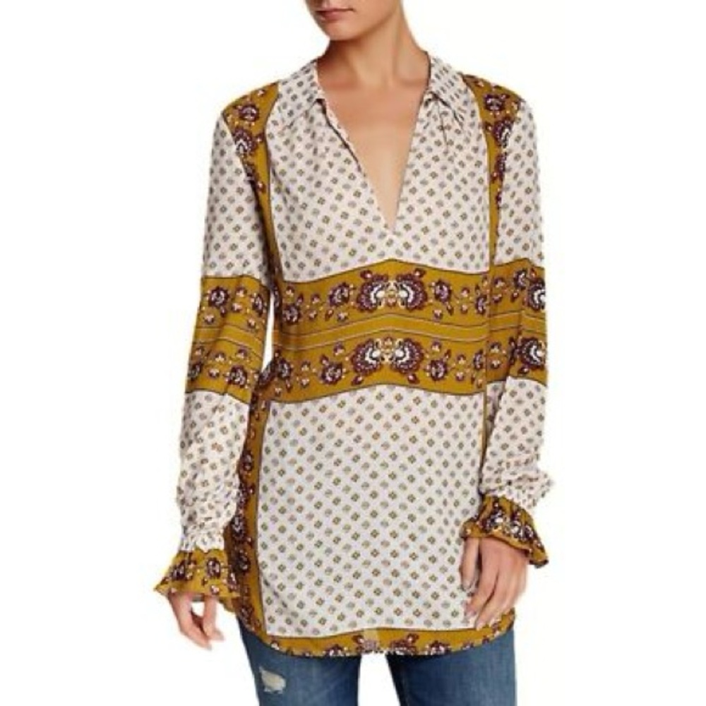 Free People Floral Patterned Blouse in Cream and Gold